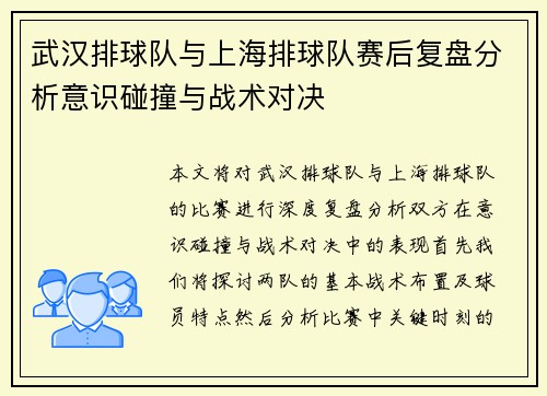 武汉排球队与上海排球队赛后复盘分析意识碰撞与战术对决